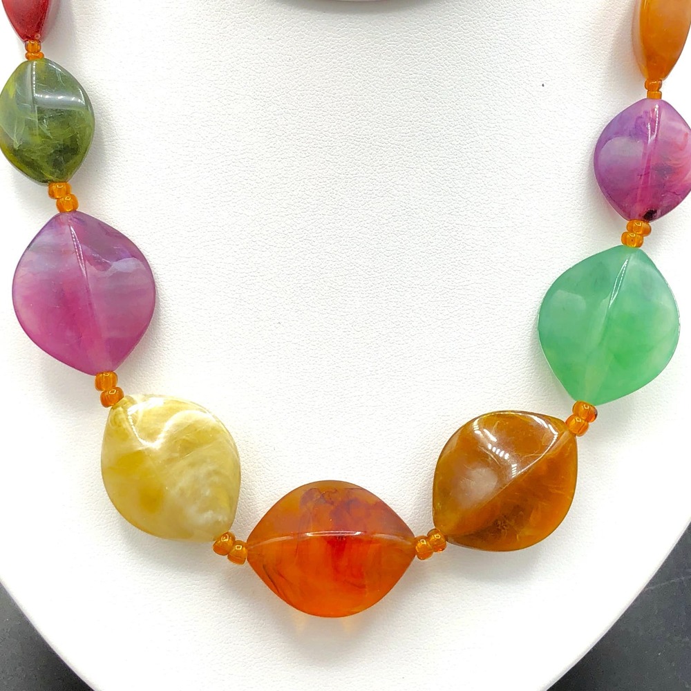 Vtg Multicolor Faux Agate Acrylic Necklace‎ Lightweight Facet Swirl Lentil Beads - Picture 2 of 5